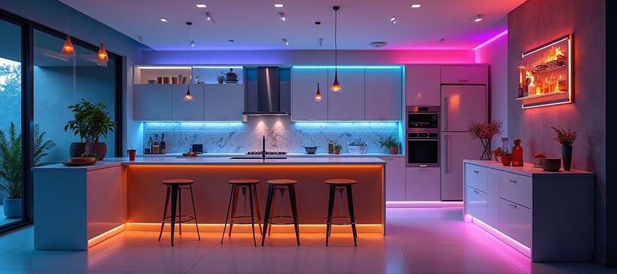 Cuisine aménagée avec ruban LED sous meuble haut et ilot central