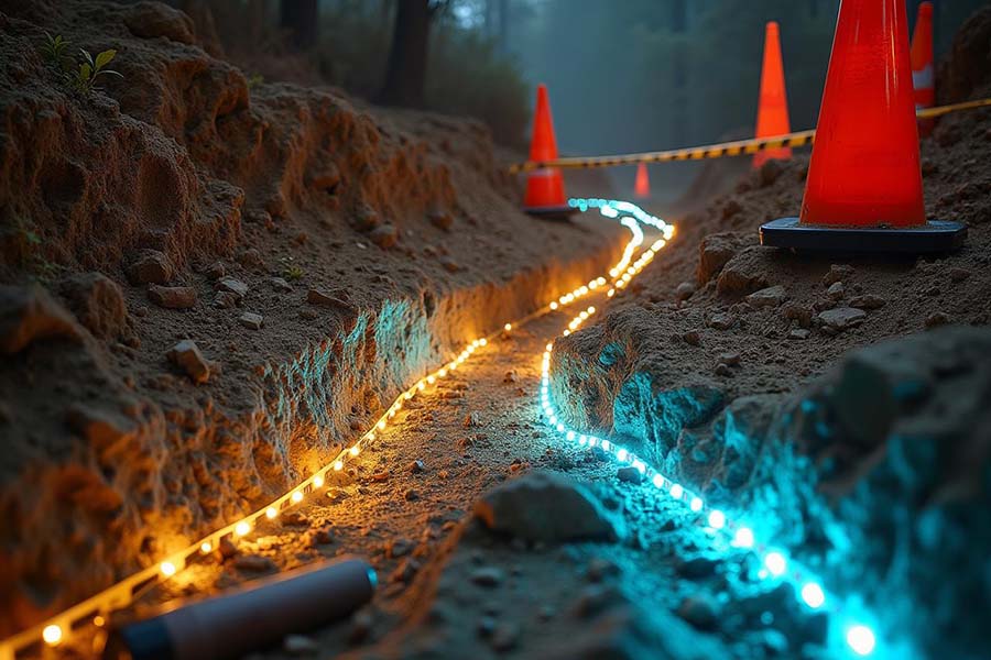 Traçage au sol d'une ligne de lumière dans une tranchée par un ruban LED 220V